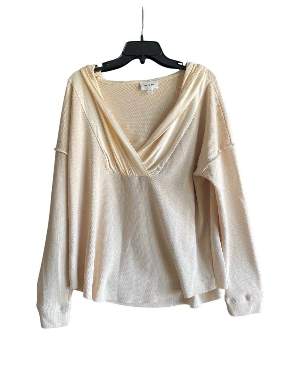 Heyson V-Neck Textured Knit Hooded Long Sleeve Top. Size Large.